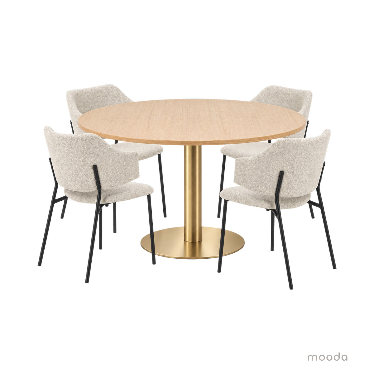 Trend-ruokapöytä valkolakattu/messinki ja Enzo-tuolit beige
