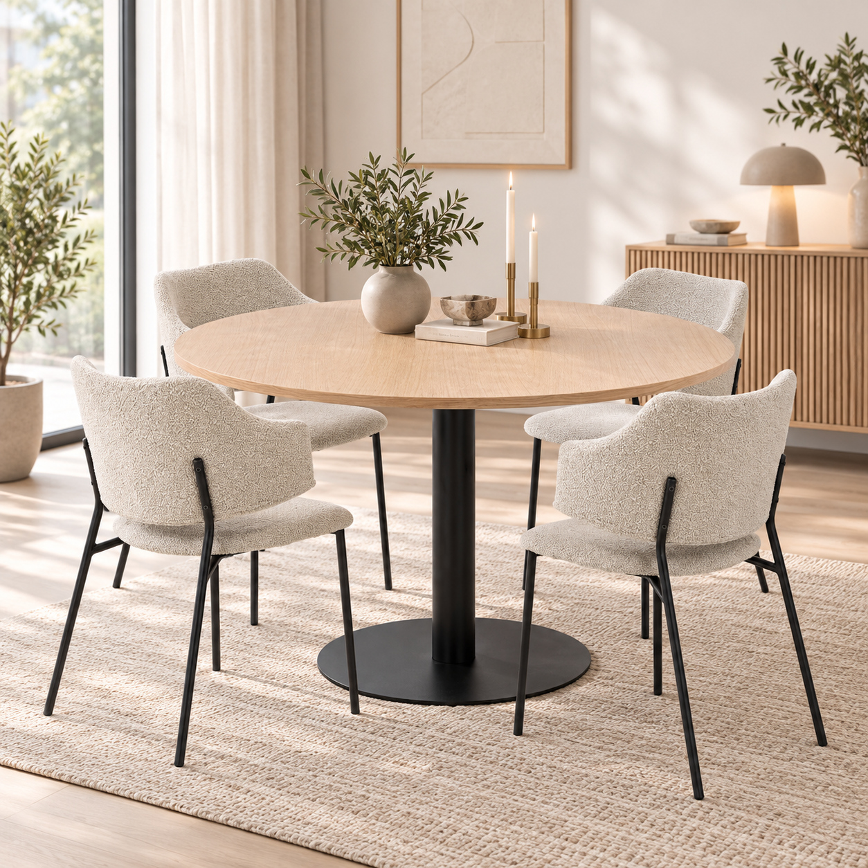 Trend-ruokapöytä valkolakattu ja Enzo-tuolit beige