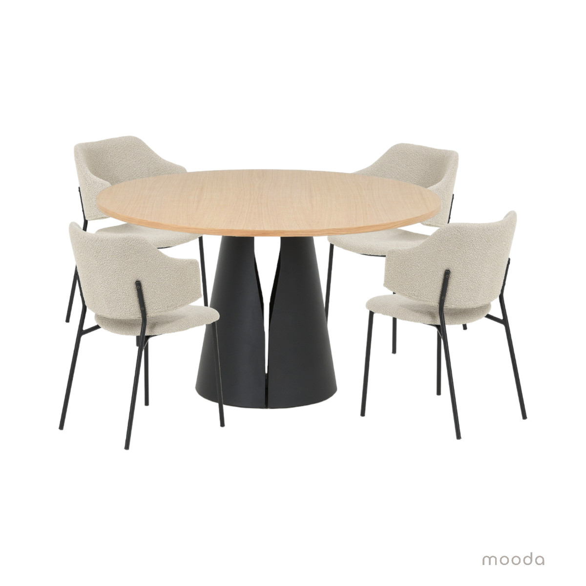 Cone-ruokapöytä valkotammi ja Enzo-tuolit beige