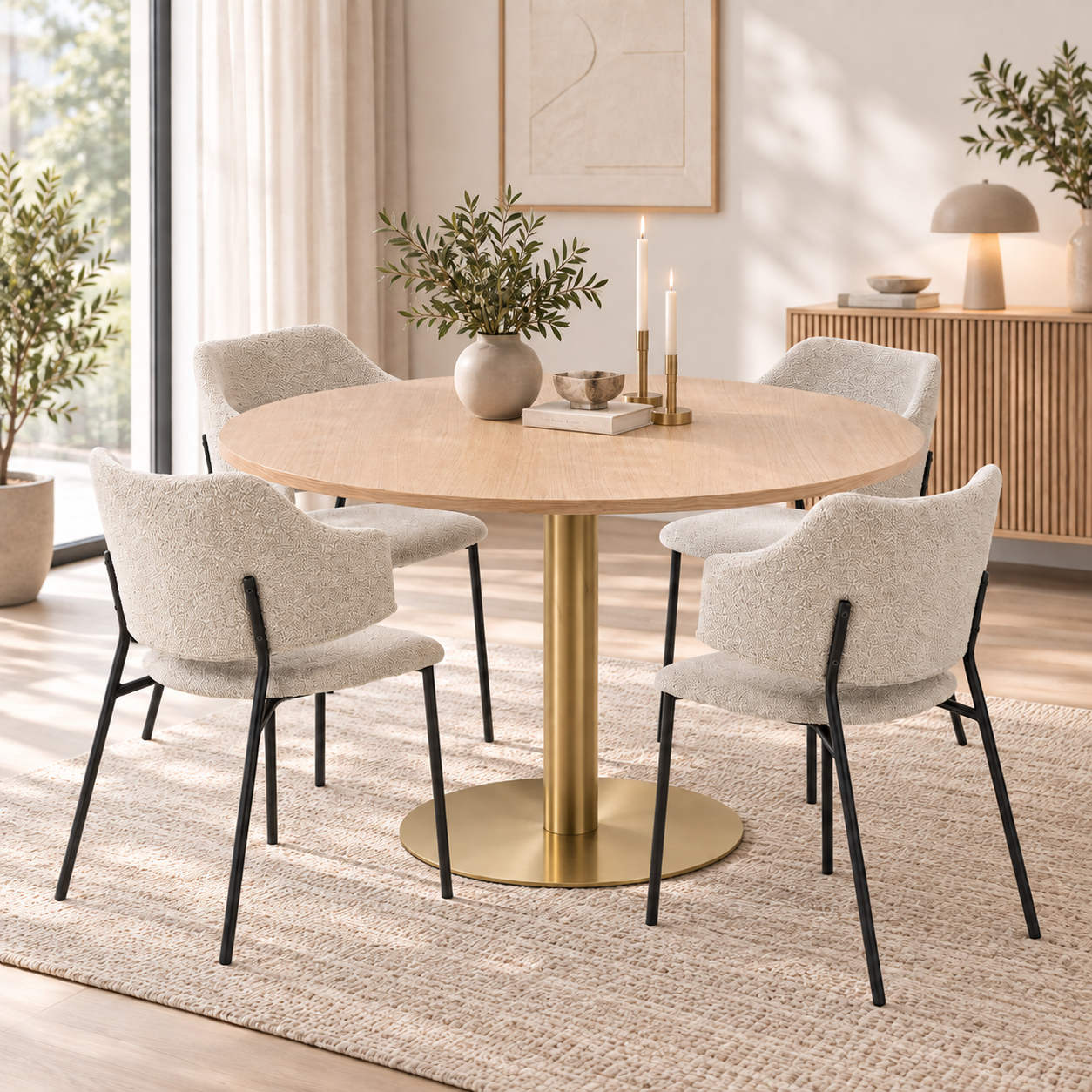Trend-ruokapöytä valkolakattu/messinki ja Enzo-tuolit beige